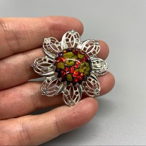 Vintage Faux Opal Silver Filigree Brooch